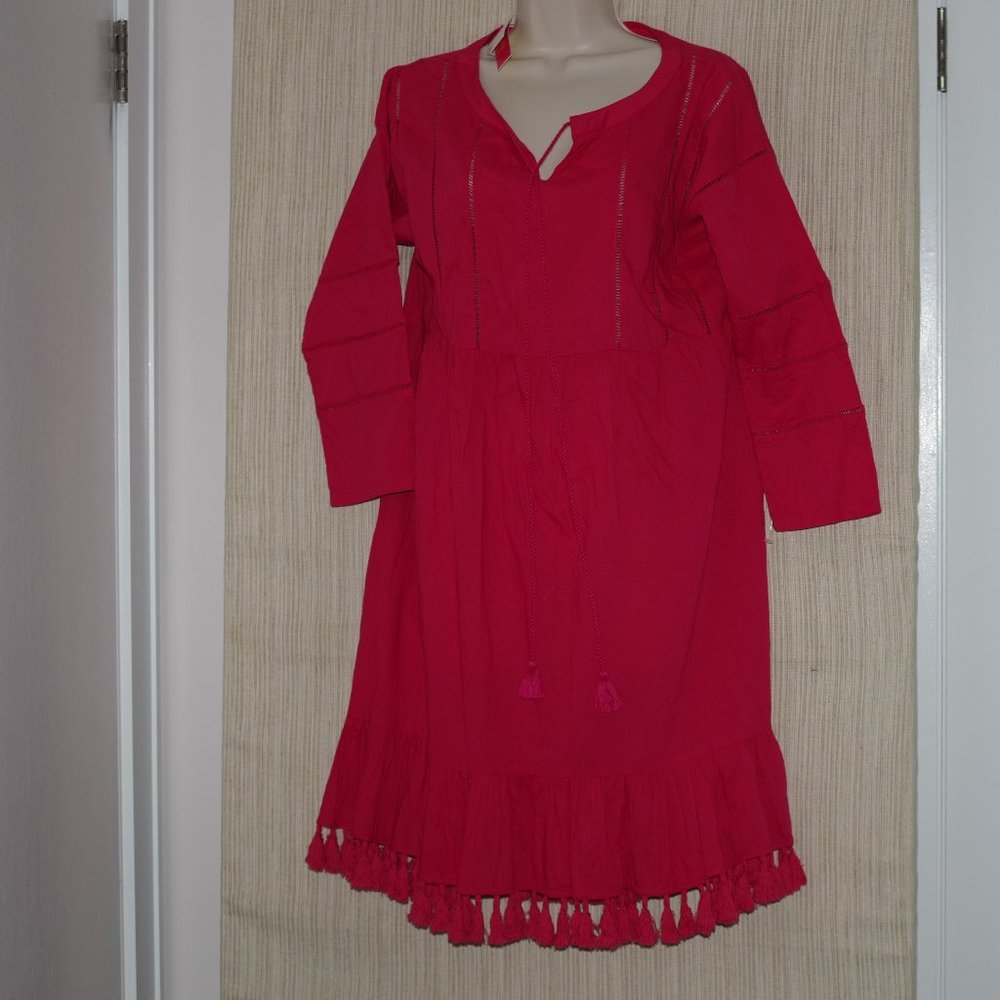 NWT Catherine Malandrino Cotton Fuchsia 3/4 Sleeve Fringe Dress Size:M